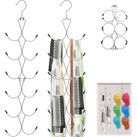 Lot de 2 porte-foulards - Porte-foulards à 12 compartiments - Porte-ceintures - Argenté - Pliable - 56,5 x 15,5 cm - Organisateur suspendu en métal blanc pour ceintures, cravates et foulards (1/5)