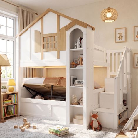 Lit superposé cabane 90x200 + 90x200 cm enfant avec LED, escalier rangement et coffre hydraulique pin blanc (1/5)