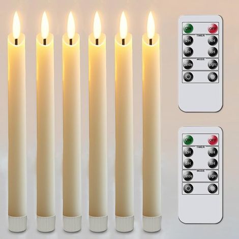 LED-Kerzen，Flammenlose LED-Kegel mit Wellenflamme，6er-Set，mit Fernbedienung und Timer，Durchmesser 2 cm，Höhe 24,5 cm，Elfenbein [Energieklasse A] (1/2)