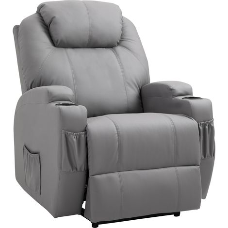 Fauteuil massage inclinable, chaise détente avec dossier et repose-jambes électriques réglables, similicuir gris pour salon, chambre, home cinéma. (1/5)