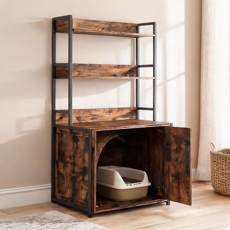 Meuble cache-litière en bois et métal avec étagères de rangement (1/5)