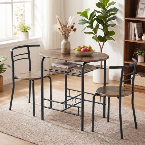 Ensemble table et 2 chaises avec étagère pour salle à manger, style rustique brun effet bois, meuble séjour compact, mobilier cuisine pour 2 convives. (1/5)