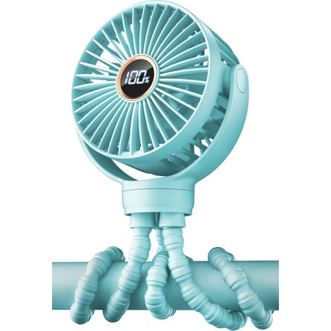Mini ventilateur portable pour poussette, petit ventilateur personnel rechargeable, indispensable en voyage, convient aux bébés et aux sièges auto, rotation à 360°, 3 vitesses, écran d'affichage, bleu (1/5)