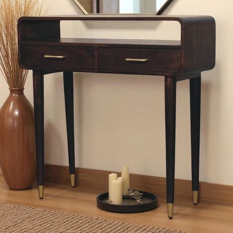 Bureau console Apollo Loop en bois massif, 2 tiroirs, 1 niche ouverte, marron foncé (1/5)