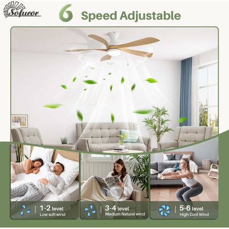 Ventilateur de plafond Sofucor 132 cm avec éclairage et télécommande, 5 pales en ABS, design moderne, discret et silencieux, idéal pour une chambre à coucher - Blanc et jaune — vue 2