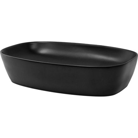 ML-Design Lavabo de Cerámica Negro Mate Esquinas Redondeadas 605x385x140 mm Con Agujero de Desagüe Lavamanos Moderno Sobre Encimera Pila Para Baño Aseo Fregadero Colgante Pared