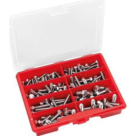 Mallette d’assortiment de vis à tête hexagonale DIN933 inox A2, 157 pièces