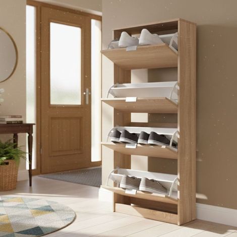 Schuhschrank Santina, Schuhaufbewahrung 8 Fächer, 4 Türen, Griffe Inkl., 67x28x155,5h cm Eiche Braun (1/5)