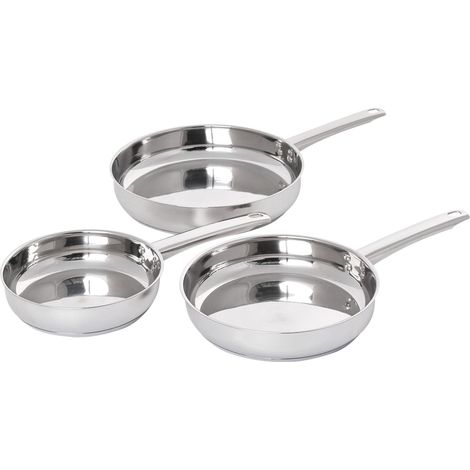Set of 3 Frying Pans Silver Stainless Steel with Handles in 3 Sizes For All Hobs PRIMECOOK