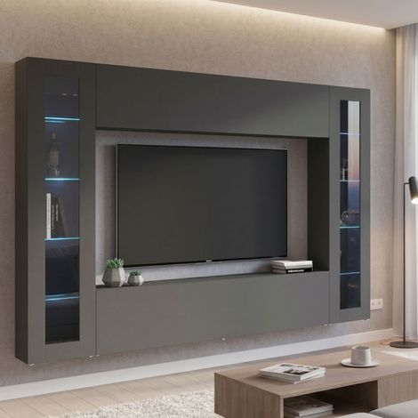 Dmora - Wohnzimmermöbel Delma, Wohnzimmer-Set TV-Möbel mit 4 Türen, Mehrzweck-Wohnzimmermöbel mit Vitrine und LED-Licht, 100% Made in Italy, cm 260x30h180, Anthrazit (1/5)
