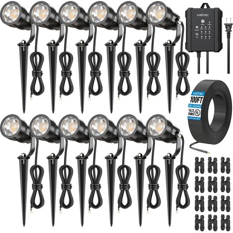 Lot de 12 éclairages de jardin avec transformateur de 65 W, câble de 30 m et 12 connecteurs, capteur de cellule photoélectrique, projecteur extérieur LED, étanche, minuterie 2700 K, lampes de (1/5)