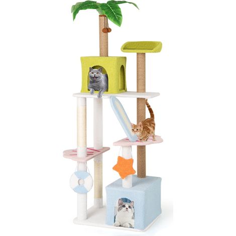 Árbol para gatos 180 x 49 x 59 cm con 2 cómodos condominios postes de sisal tela de felpa con temática playera estilo osito de peluche 200010108