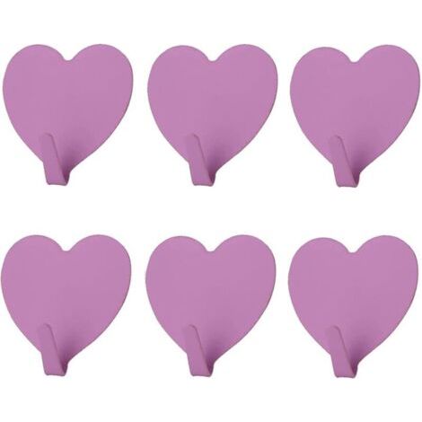 Lot de 6 crochets muraux décoratifs en forme de cœur, (violet) crochet mural adhésif solide en acier inoxydable pour la maison, la cuisine, la salle de bain, le bureau