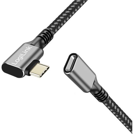 USB-C 3.2 Gen1 5 Gbit/s 100 W PD 90°-Kabel LogiLink C/M-C/F Verlängerungskabel 2 m Aluminium Schwarz Grau (1/5)