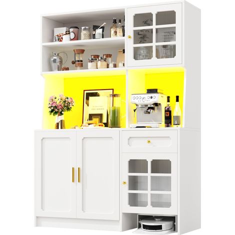 ELVMI Credenza Cucina con 2 Ante in Vetro, 2 Cassetti, 1 Vano Aperti e LED, per Cucina, 130×45×180 cm (1/5)