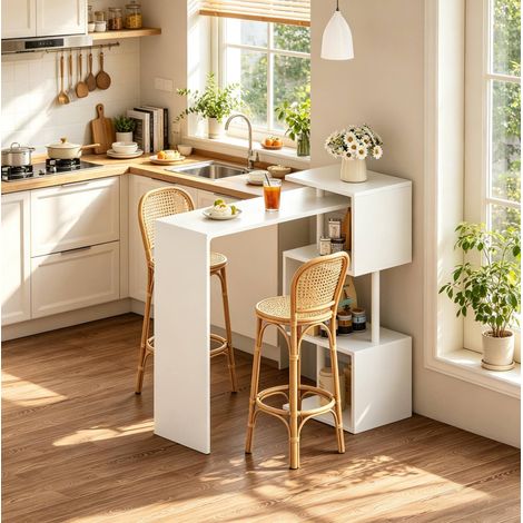 Table de bar 134x38x112 cm blanc multifonction avec 3 étagères, MDF et métal MEUBLIV (1/5)