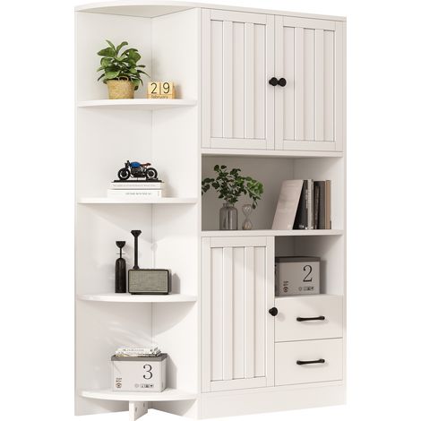 Armadio Angolare, Vetrina con 3 Ante e 2 Cassetti, 6 Vani Aperti, Stile Moderno, in Pannelli di Particelle, 104×35×155 cm, Bianco (1/5)