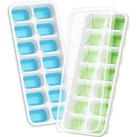 Lot de 4 bacs à glaçons en silicone avec couvercle, 14 compartiments par bac, sans BPA, empilables et gain de place (1/5)