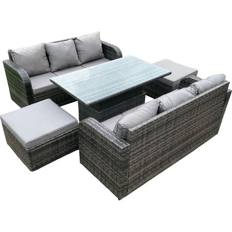 Fimous Ensemble de meubles de jardin extérieur en rotin réglable en hauteur table à manger et canapé avec 2 grands repose-pieds 8 places gris foncé Mix (1/5)