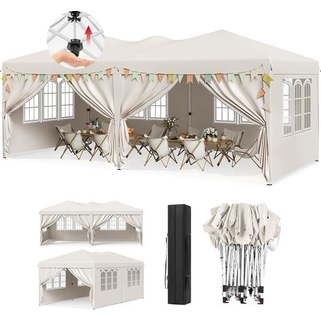 WOLTU cenador plegable de 3x6, toldo con 6 paneles laterales extraíbles, protección UV 50+, cenador de jardín para fiestas, camping, bodas,beige