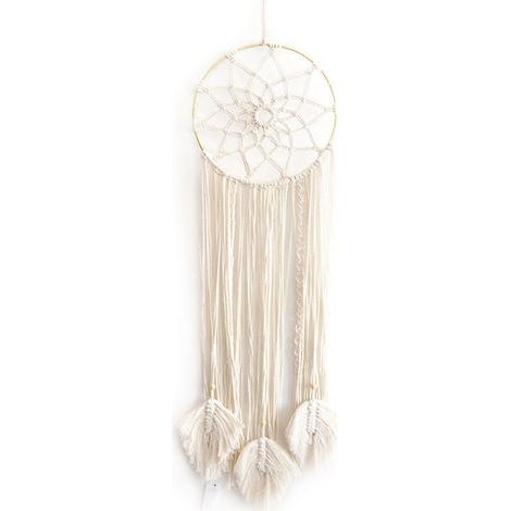 Décoration murale bohème en macramé, motif feuilles avec cercle en bambou, style artisanal (1/4)