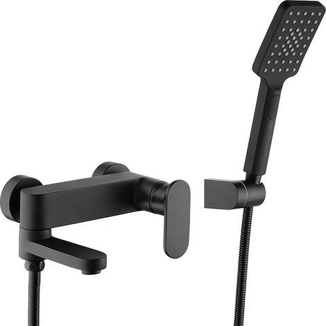 Badewannenarmatur mit Handbrause, wandmontierte Badewannenarmatur, schwarzer Badezimmerhahn, Messing-Auslauf um 90° schwenkbar (schwarz) (1/5)