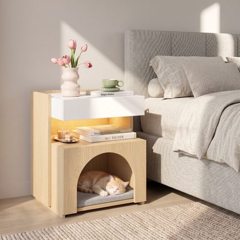 Table de chevet avec niche pour chat, bout de canapé multifonctionnel avec éclairage LED, 1 tiroir, en bois, style scandinave 47x39x58 cm, Naturel (1/5)