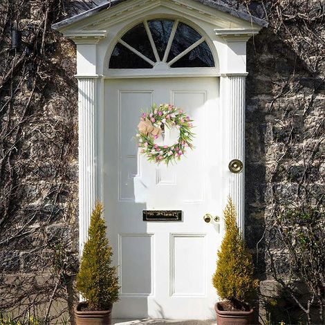 Couronne artificielle de tulipes de 40 cm (16 pouces) pour porte d'entrée, printemps, fleurs en soie avec feuilles et nœud, décoration murale pour la maison ou un mariage (1/4)