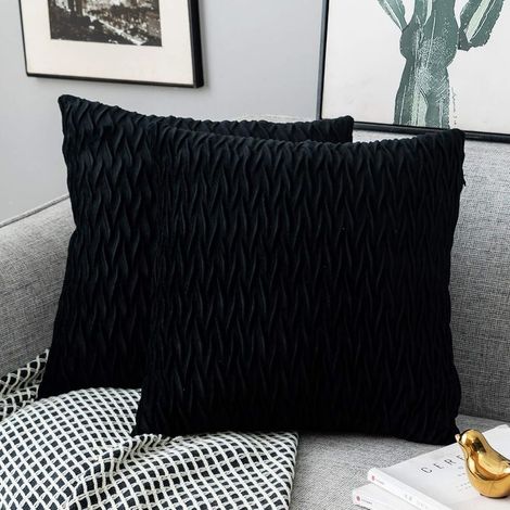 Housses Coussin en Velours 50x50cm pour Salon Canapé，Lot de 2 Housses Coussin Carrés de Motif uni Décoration Chambre, Noir (1/5)