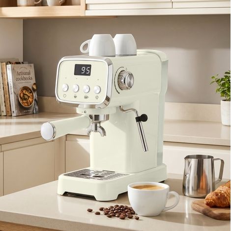 Cafetera espresso 20 bares 1350 W con espumador de leche, depósito 1,2 L blanco crema OKMYHOME (1/5)