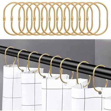 24 pièces Anneaux de Rideau de che, Crochets de Rideau de che antirouille pour Salle de Bain, Ovale Anneaux décoratifs pour Rideaux de che et Crochets de Tringle de che,Doré (1/2)