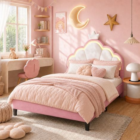 Lit Enfant 90x200 cm Rose, Lit Simple Princesse avec Tête de Lit Couronne et LED Réglable, Sommier à Lattes Inclus, Style Scandinave pour Chambre Fille