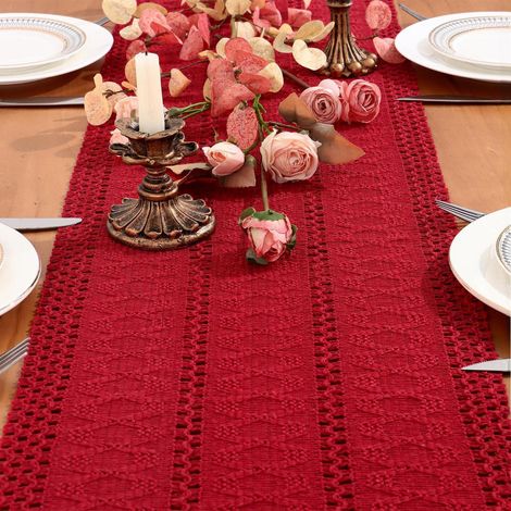 Makramee Tischläufer Rot 30x180 cm Boho Landhausstil Baumwolle