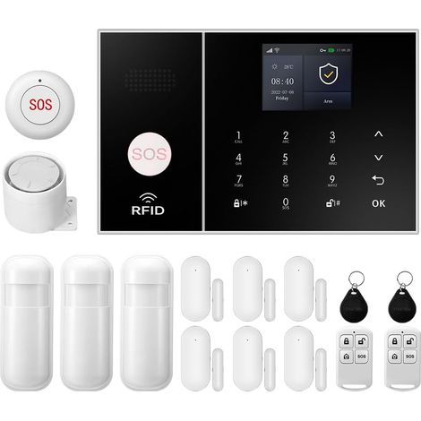Alarme Maison sans Fil 2G, 16 Pièces WiFi Systèmes Sécurité pour la Maison avec 120DB Sirène, Détecteur de Mouvement, Capteurs de Fenêtre et de Porte (1/5)