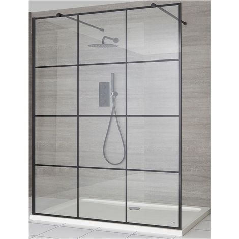 Milano Barq Black Floating Glass Walk In Wet Room Shower Enclosure with Grid Pattern Screen Support Arms and White Tray - 1200mm x 700mm (1/4)