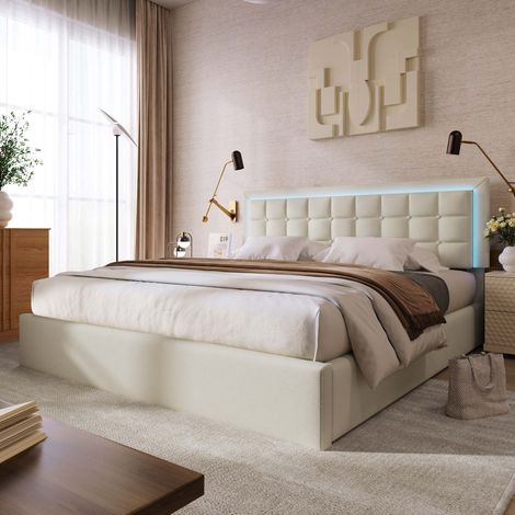 Lit coffre 140x200 cm avec LED, rangement hydraulique, sommier à lattes inclus, cadre capitonné en PU blanc, lit double fonctionnel, sans matelas (1/5)