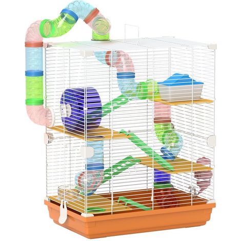 Cage pour hamster orange avec tunnel, plateformes, gamelle, biberon et maisonnette, 46x30x58 cm, habitat complet et coloré