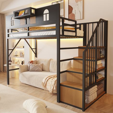 Etagenbett 90x200 cm aus Metall in Schwarz mit Stauraumleiter und Ablage (1/5)