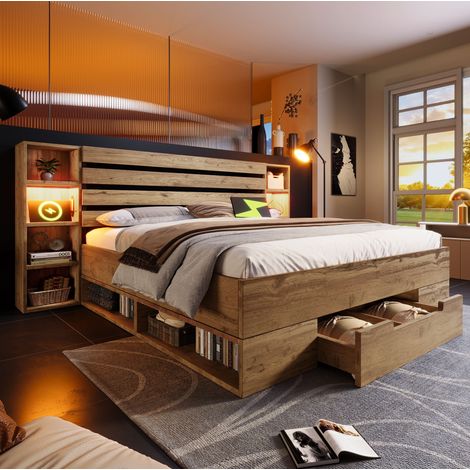 Cama doble 160x200 cm roble en metal y madera con LED, puertos USB-C y cajones (1/5)