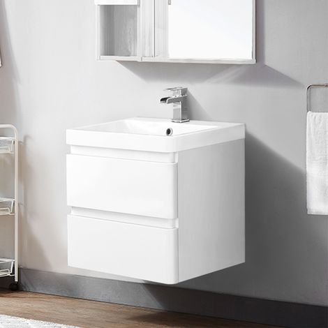 600mm Bathroom Basin Vanity Unit 2 Drawer Storage Wall Hung Cabinet Gloss White