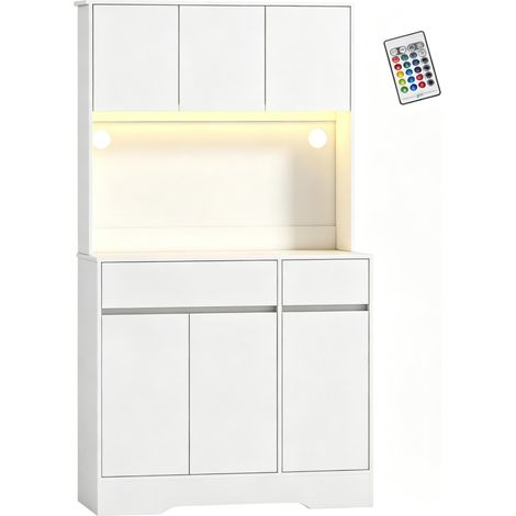 Buffet de cuisine haut blanc avec éclairage LED RGB, plan de travail, 6 portes et 2 tiroirs (1/4)