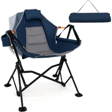 GOPLUS Chaise de Camping Hamac Portable, Chaise à Bascule Balancelle 90-150° avec Siège Rembourré et Appui-Tête, Dossier Réglable, Porte-Gobelet, Pliable pour Camping, 88 x 71 x 90 cm (Bleu) (1/5)