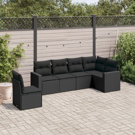 Ensemble de canapé de jardin 6 pièces avec coussins, en polyrotin noir (1/3)