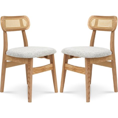 Set 2 sedie in legno massello, schienale in canna e seduta in tessuto grigio screziato
