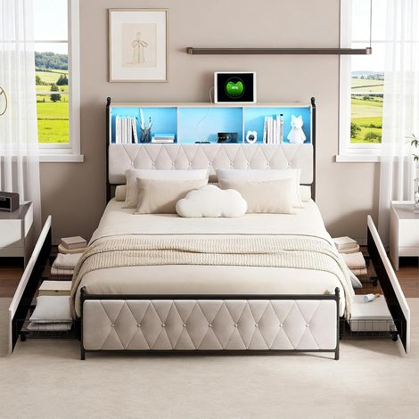 JOOKGBD-Letto Matrimoniale con Contenitore 160x200 cm, Letto Imbottito con 4 Cassetti e LED, Ricarica USB e Type-C, Rete a Doghe, Letto per Adulti e Adolescenti, Velluto, Beige