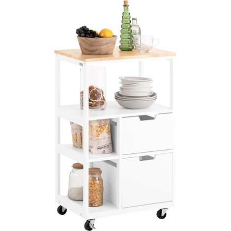 Sobuy – Desserte de cuisine FKW111WN à roulettes – Chariot de service avec 2 tiroirs et 3 étagères – Plan de travail en bois d'hévéa – 53 x 37 x 89,5 cm
