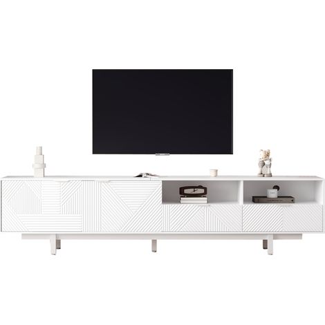 Meuble TV moderne bohème avec lignes géométriques abstraites blanches, décoration minimaliste avec rangements, 200×40×51 cm, pour téléviseurs jusqu’à 90 pouces (1/5)