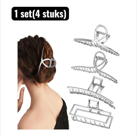 lot (4 pièces) - Pinces à cheveux - Pince à cheveux extra large - Épingle à cheveux géométrique en métal - Design incurvé - Pince à cheveux pour tous les jours - Argent (1/4)