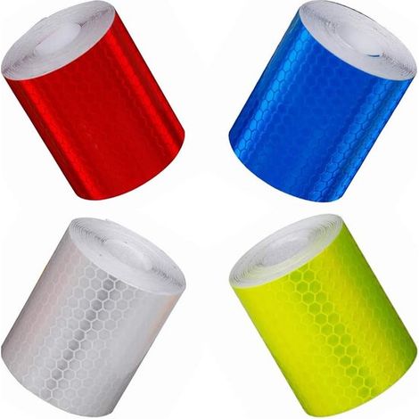 4 rollos, 5 cm x 3 m, cinta reflectante, tiras reflectantes, impermeable, bicicletas, cochecitos de bebé, cascos, amarillo, blanco, rojo, azul (1/5)