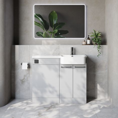 Napoli 250 Gloss Grey Pearl 1000mm 2 Door Vanity Unit Toilet Suite with Right Hand Round Rico Semi Recessed Basin - 1000mm - Matt Black 160mm HandleWithout Kingston Toilet Pan